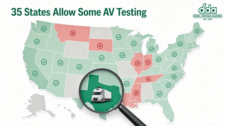 Graphic titled "35 States Allow Some AV Testing," showing a U.S. map with states marked by green checkmarks or red X's and a magnifying glass highlighting a semi-truck over Texas.
