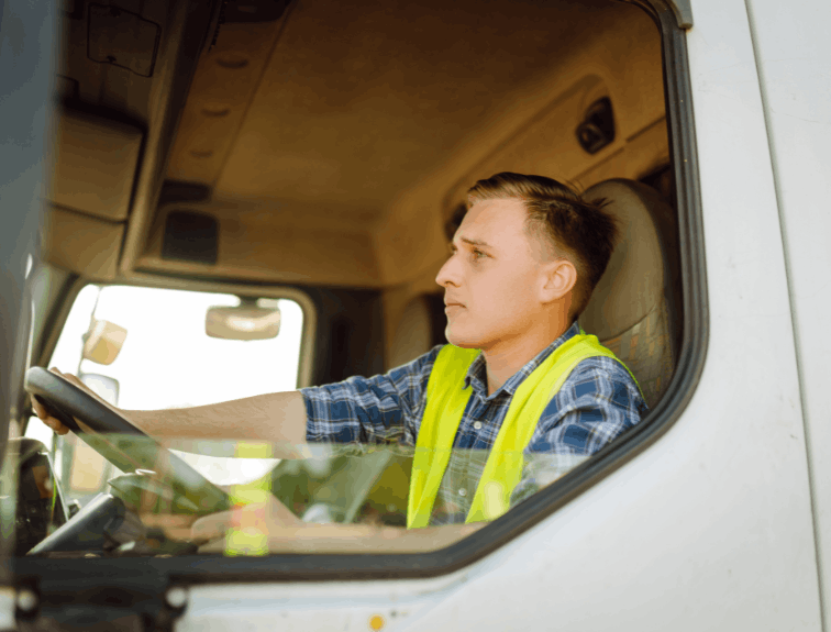 Young male trucker sitting behind wheel of semi truck