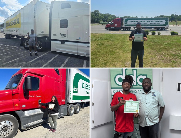 A collage of four photos of Diesel Driving Academy graduates. One stands beside a white semi truck hauling a Dollar General trailer. Another holds a certificate in front of a Diesel Driving Academy truck. A third smiles with her certificate next to a red semi cab. The fourth holds his certificate beside an instructor in front of a DDA banner.