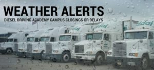 photo of DDA training trucks parked in a row with text overlay reading weather alerts get campus closing or delays for diesel driving academy